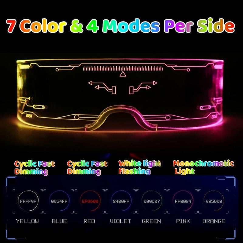Xgood LED Glasses w/Bilateral 7 Colors & 4 Modes Futuristic Neon Sunglasses Cyberpunk Glasses for Rave Parties and Cosplay - Image 2
